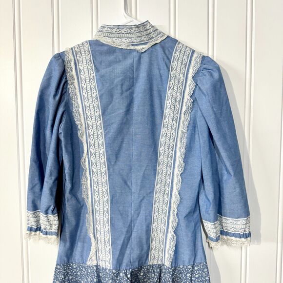 70s Vintage Dress Collared Neck Blue & White Laced Peplum Mini Long Handmade - Picture 3 of 12